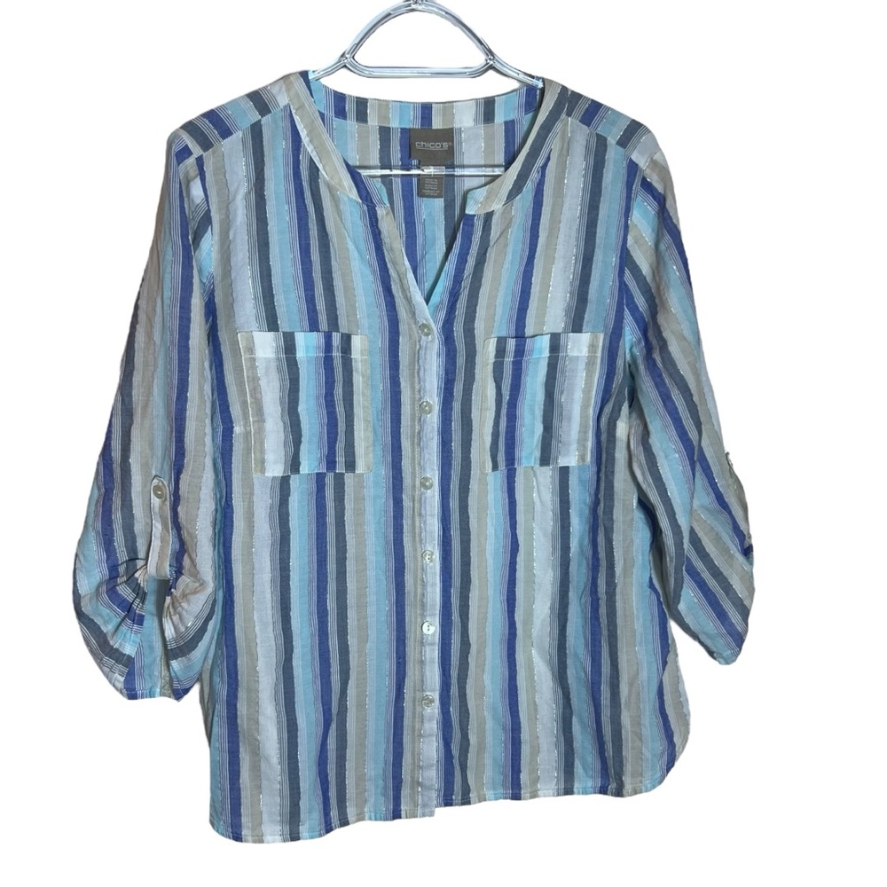 Chico's Summer Fun Stripe Lurex 3/4-Sleeve Shirt, Chico's Size 1 (Medium)